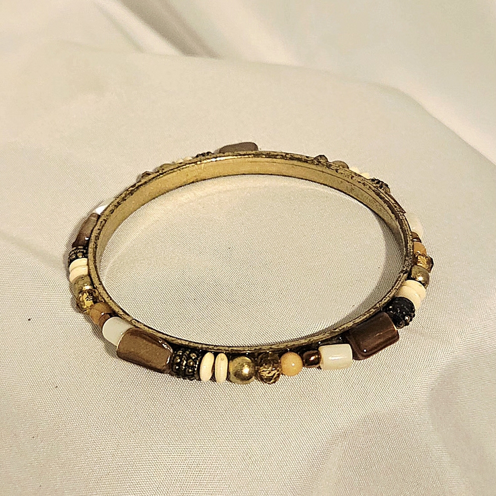 Elegant Gold and Brown Beaded Boho Chic Bangle